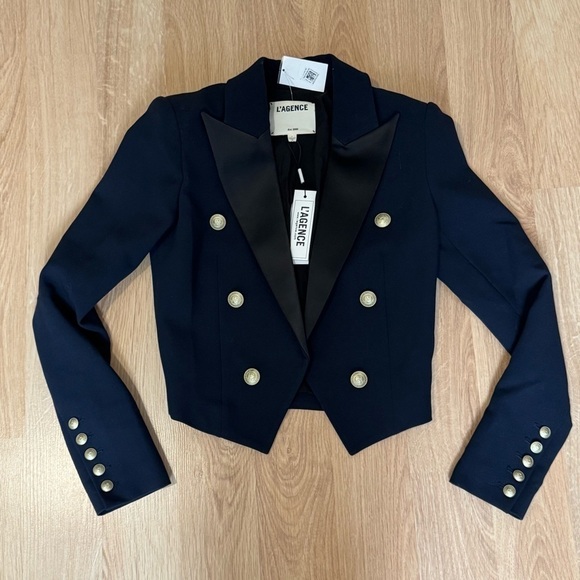 L'AGENCE Jackets & Blazers - L'AGENCE $650 Navy and Black Cropped Button Detail Lila Blazer Size 0 NWT